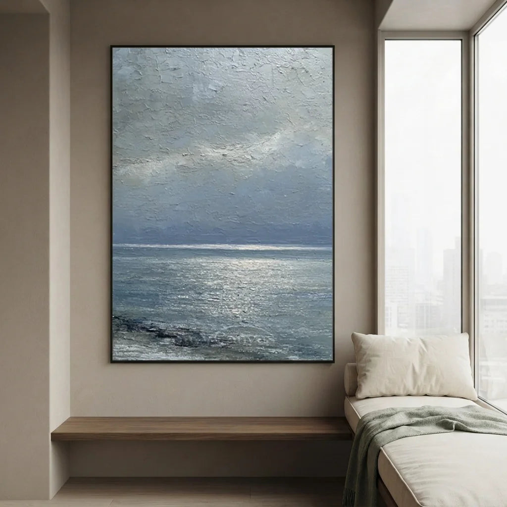 Handmade Grey Seascape Impressionist Oil Painting on Canvas #ZC 60