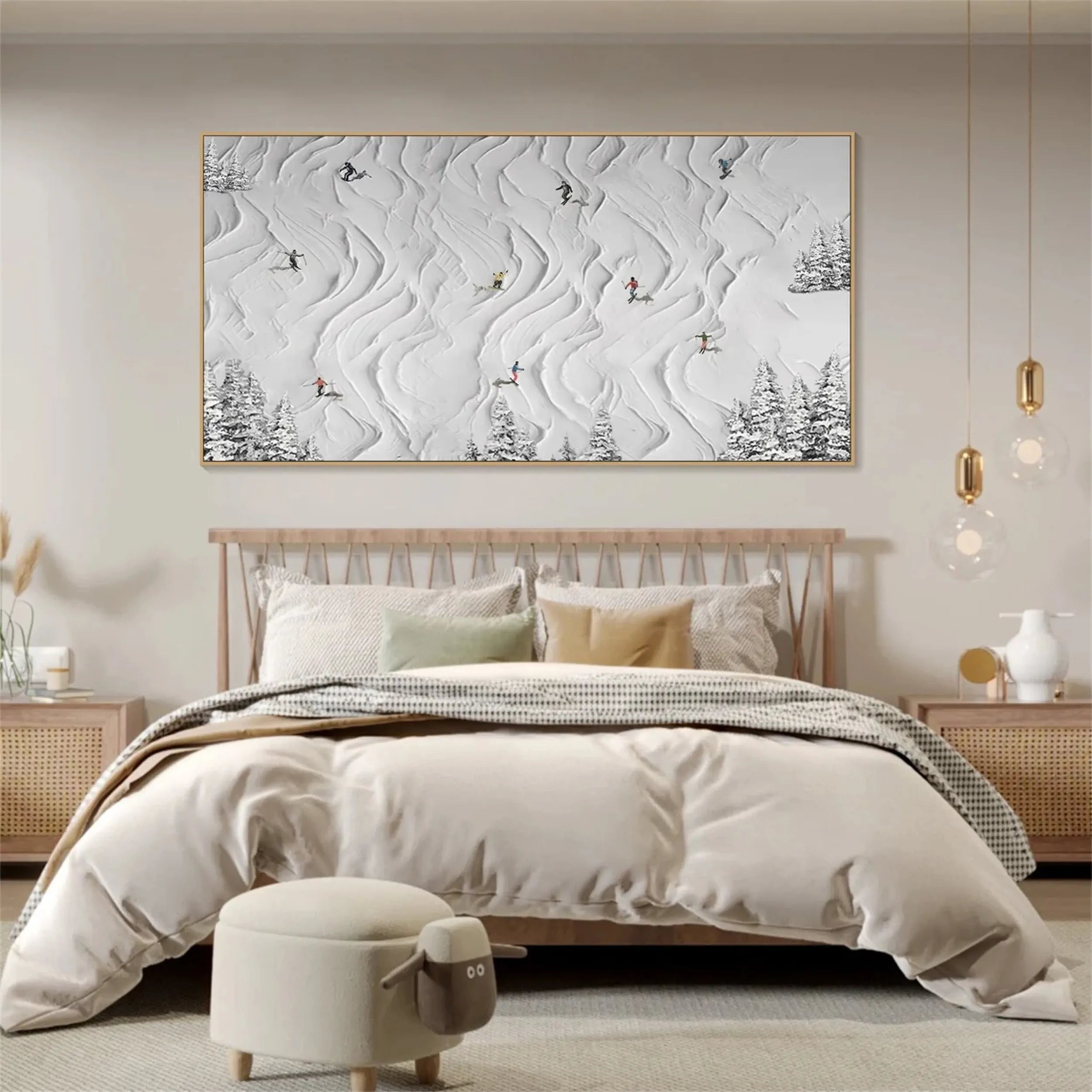 White Minimalist Ski Scene Abstract Oil Painting - Modern Sport Art #JJ 109