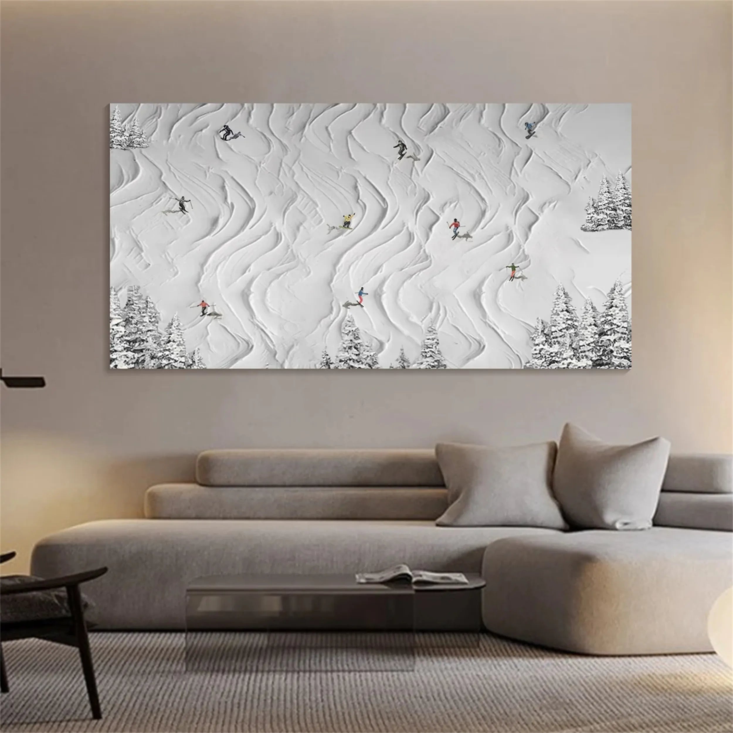 White Minimalist Ski Scene Abstract Oil Painting - Modern Sport Art #JJ 109