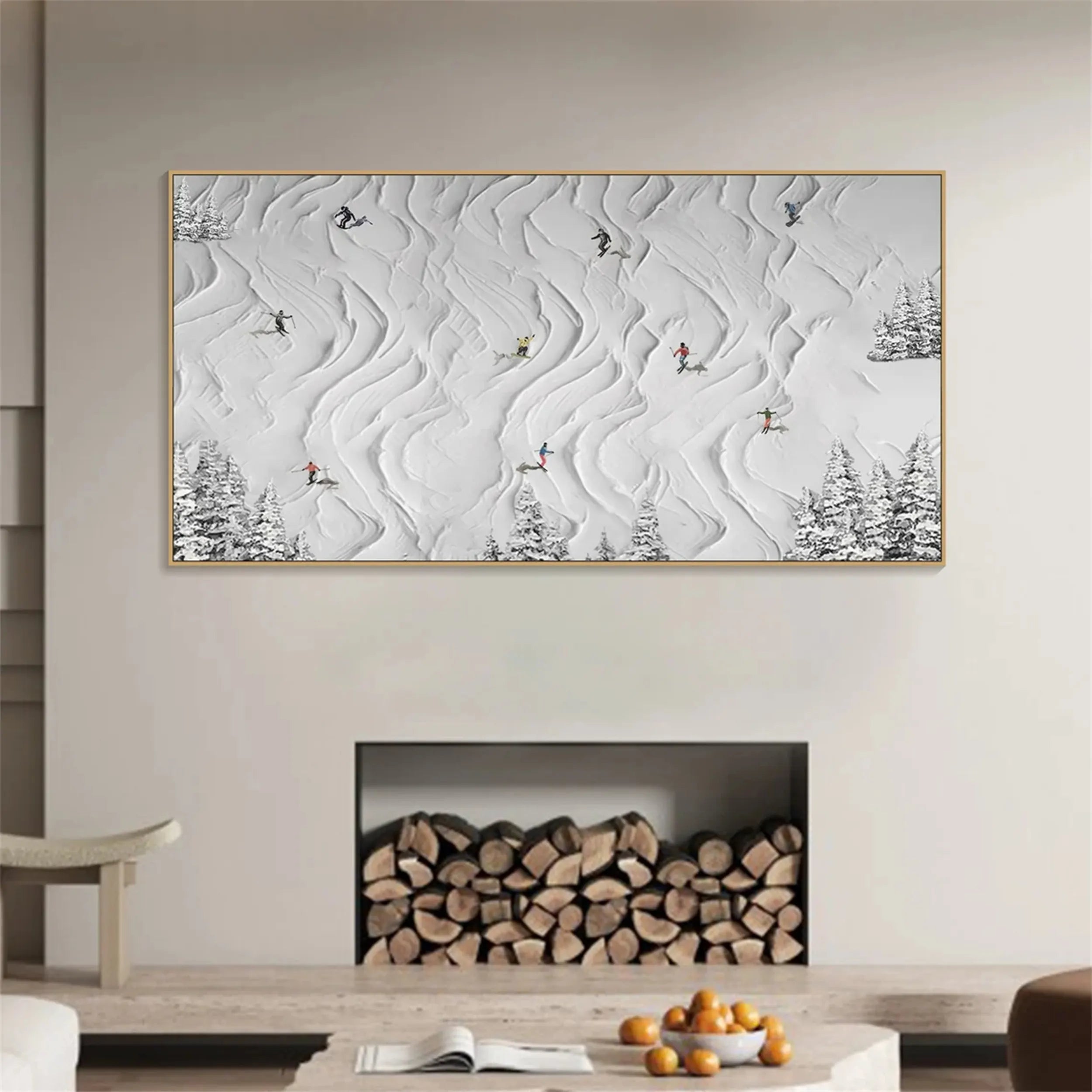 White Minimalist Ski Scene Abstract Oil Painting - Modern Sport Art #JJ 109