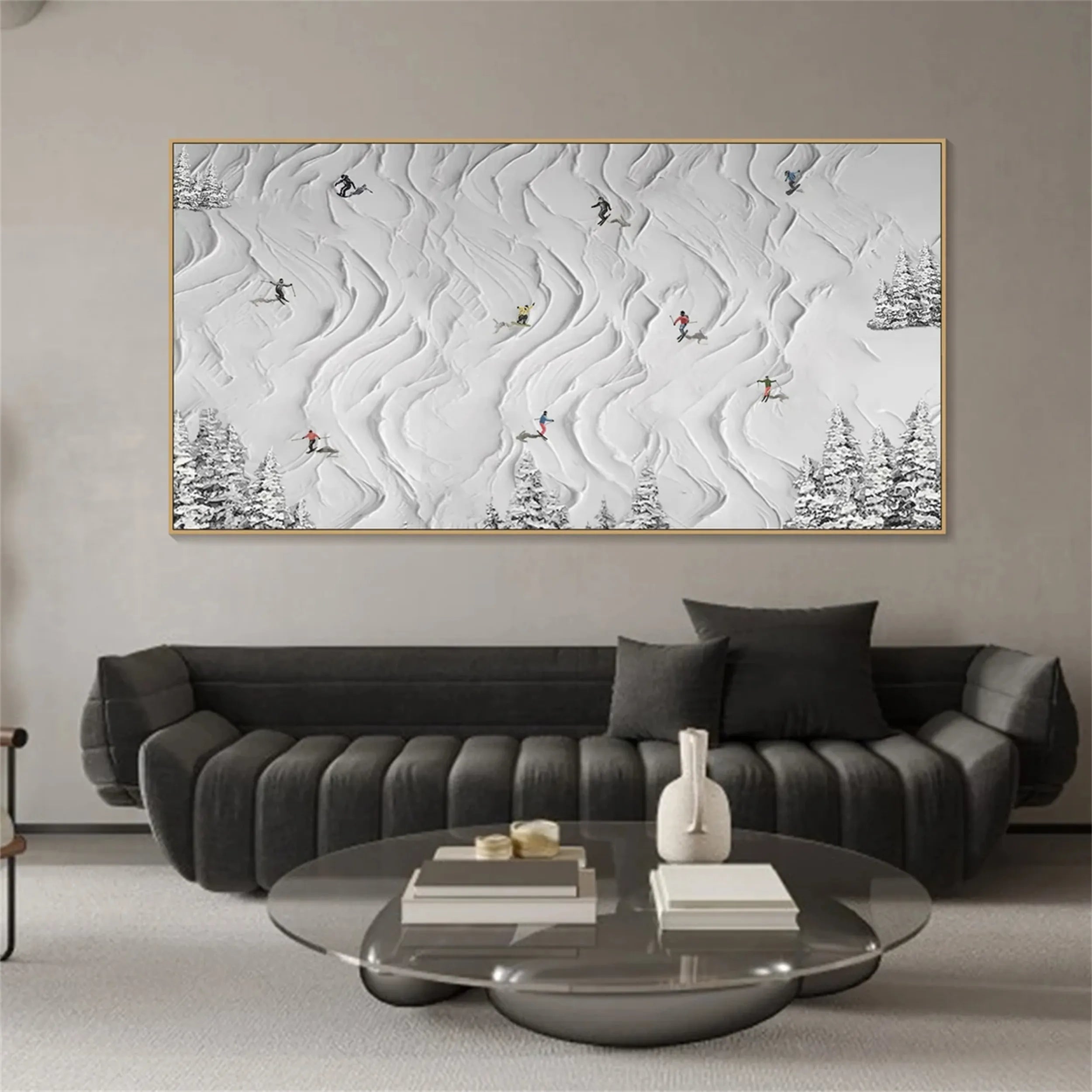 White Minimalist Ski Scene Abstract Oil Painting - Modern Sport Art #JJ 109