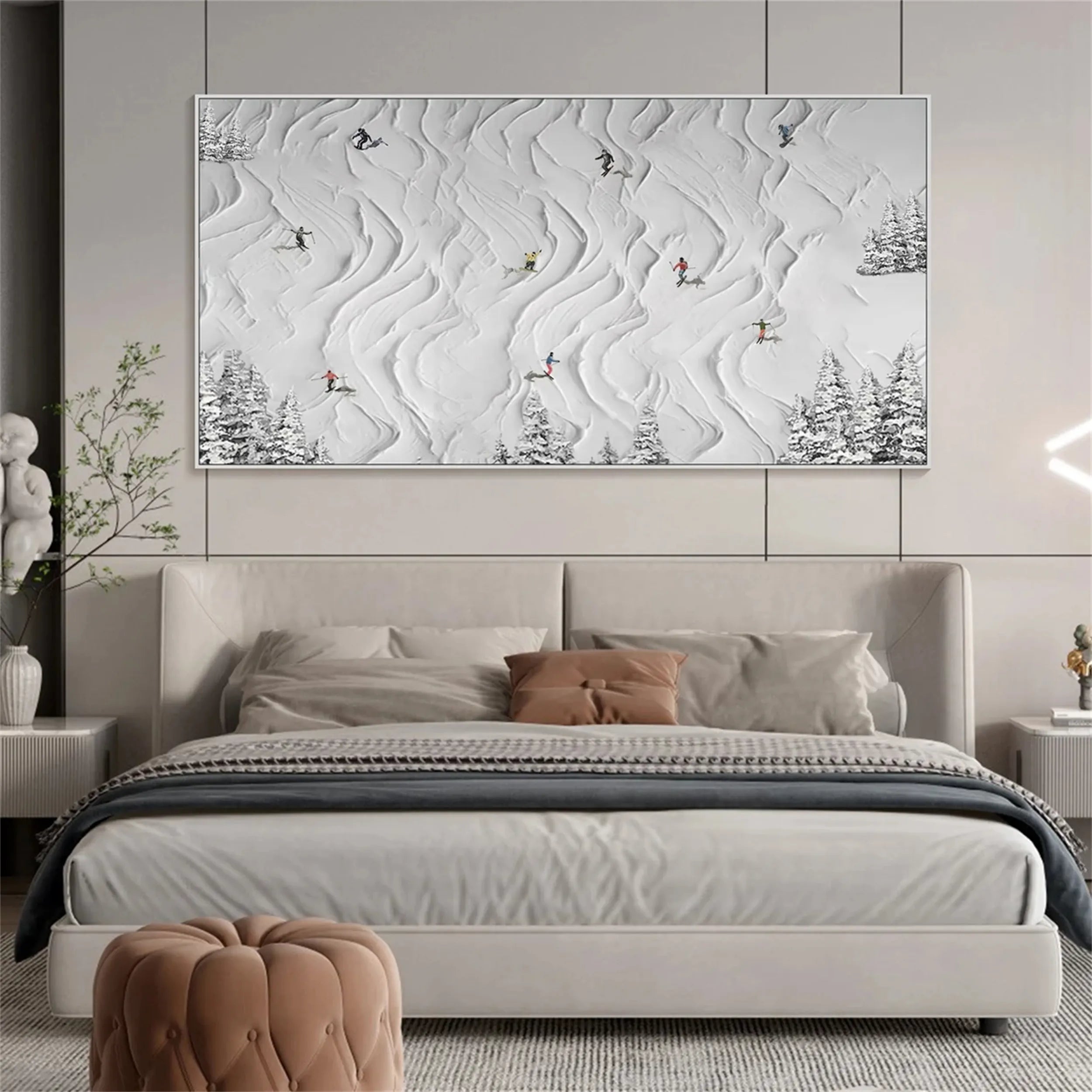 White Minimalist Ski Scene Abstract Oil Painting - Modern Sport Art #JJ 109
