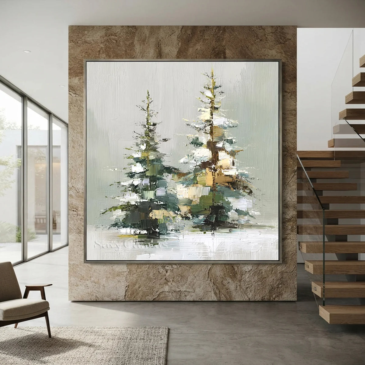 Snowy-Pine-Tree-Oil-Painting-for-Modern-Staircase-decor-01.webp