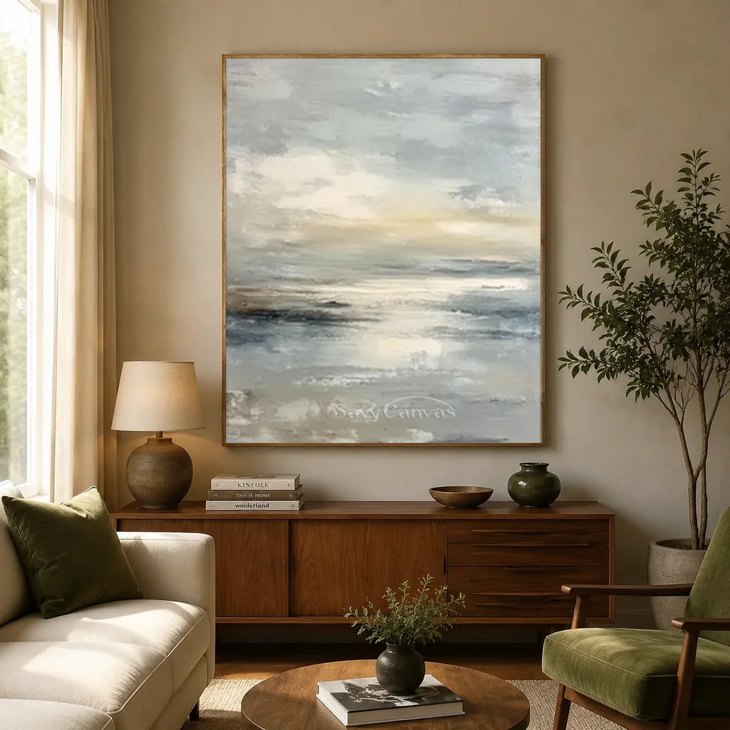 Handmade soft coastal seascape abstract oil painting depicting hazy clouds and warm sunlight reflections over calm ocean waters in gentle grey, pale blue, and champagne tones on canvas.