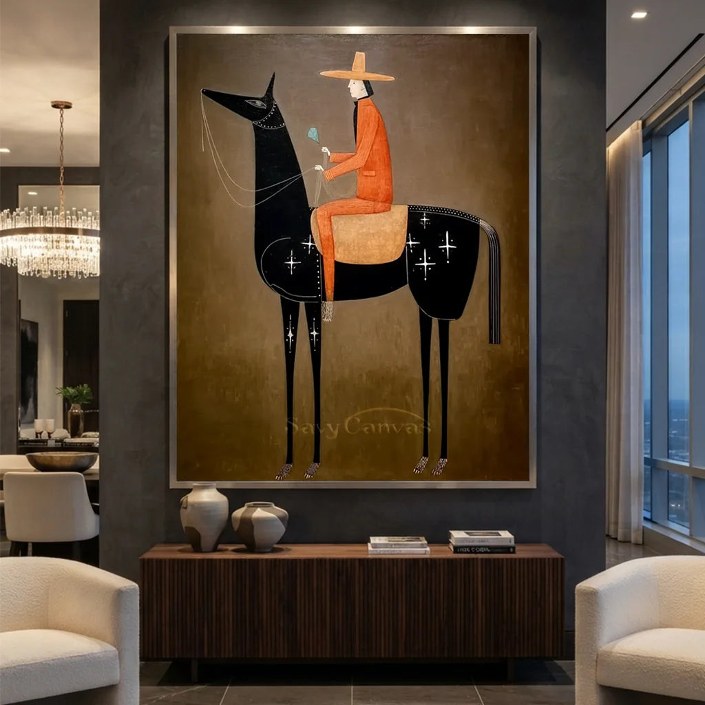 Hand-painted surrealist oil painting on canvas featuring a tangerine-suited rider on a stylized starry black horse, set against a sepia-brown background, displayed in a modern hallway.