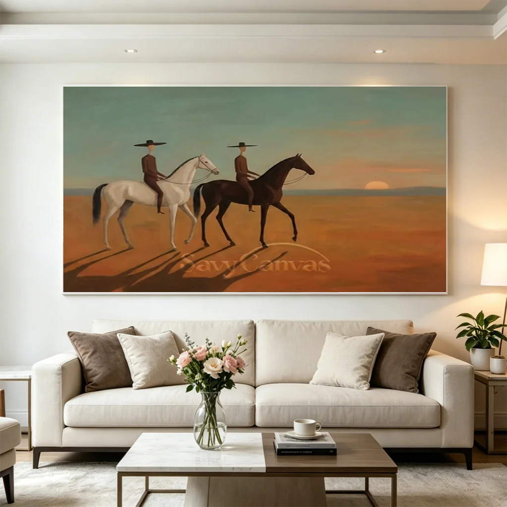 Handmade Expressionist Desert Sunset Cowboy Oil Painting #SS 358