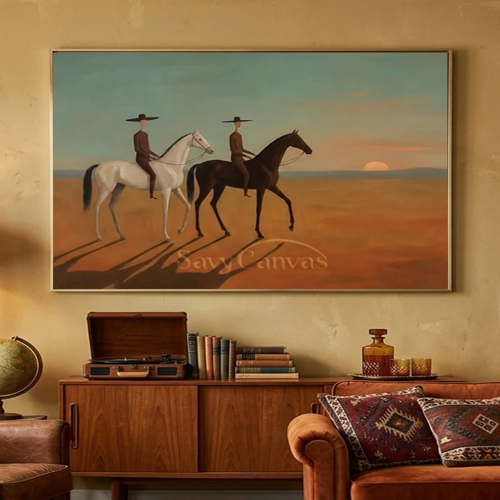 Handmade Expressionist Desert Sunset Cowboy Oil Painting #SS 358
