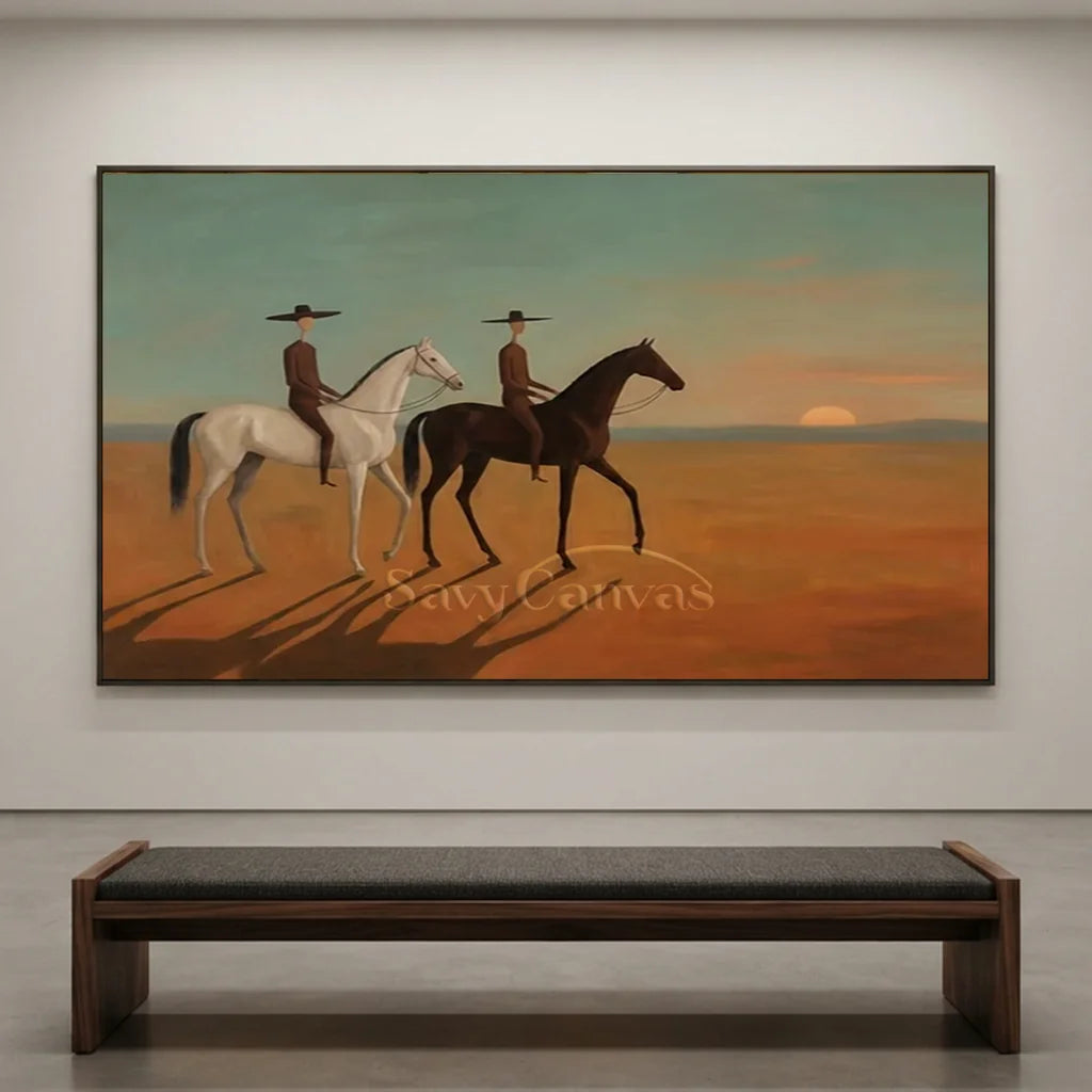 Handmade Expressionist Desert Sunset Cowboy Oil Painting #SS 358