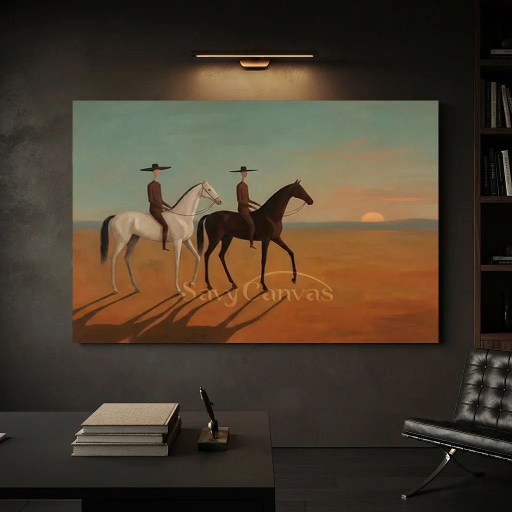 Handcrafted expressionist oil painting in a black frame featuring stylized cowboys riding horses across a warm desert landscape under a setting sun, ideal for modern living room wall decor.