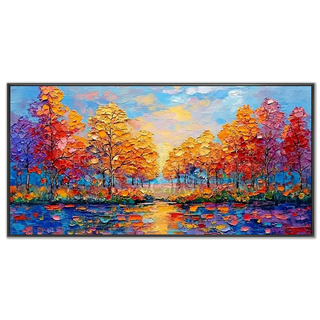 Sunset Lake Hand-Painted Oil Art | Vibrant Large Textured Trees #JJ 32