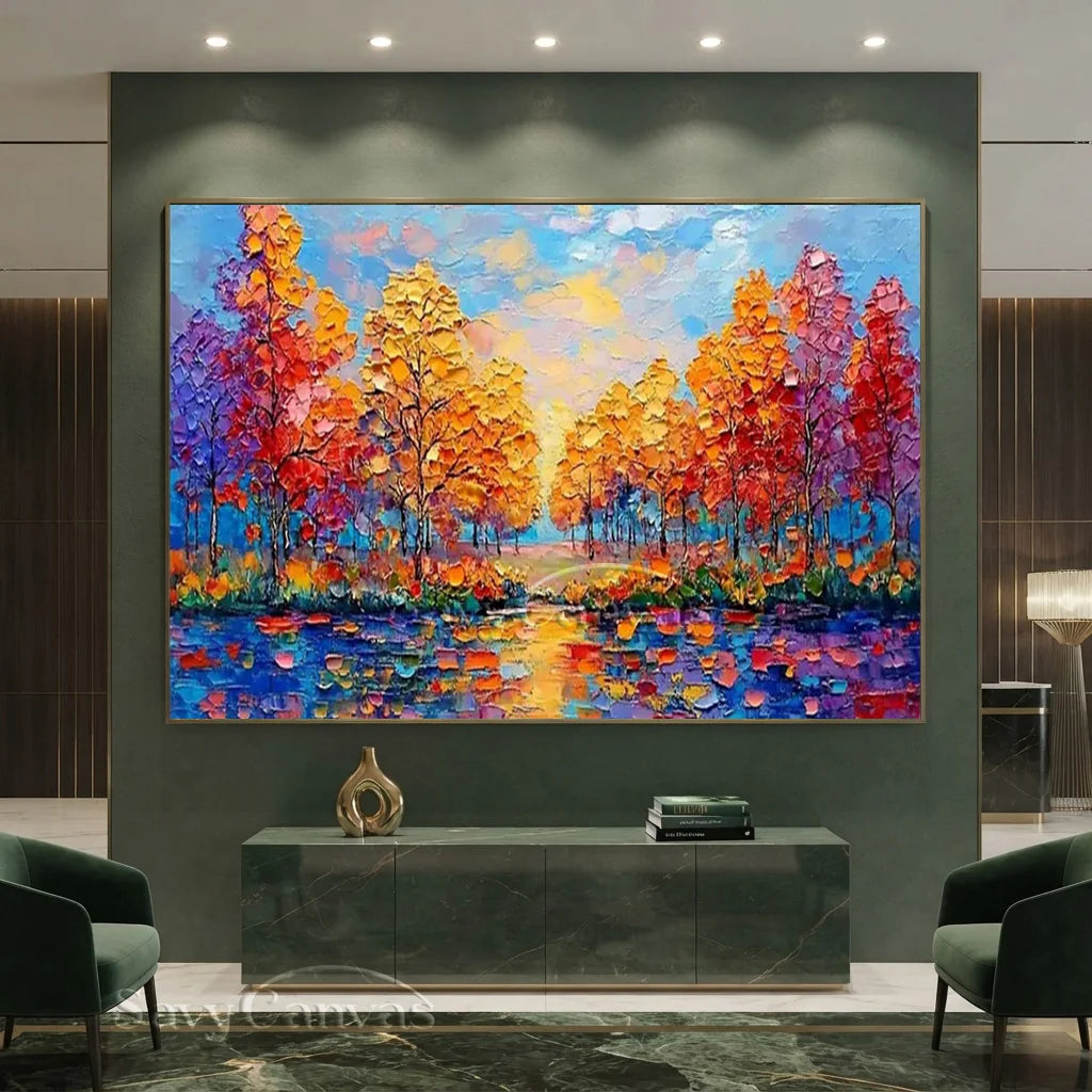 Sunset Lake Hand-Painted Oil Art | Vibrant Large Textured Trees #JJ 32