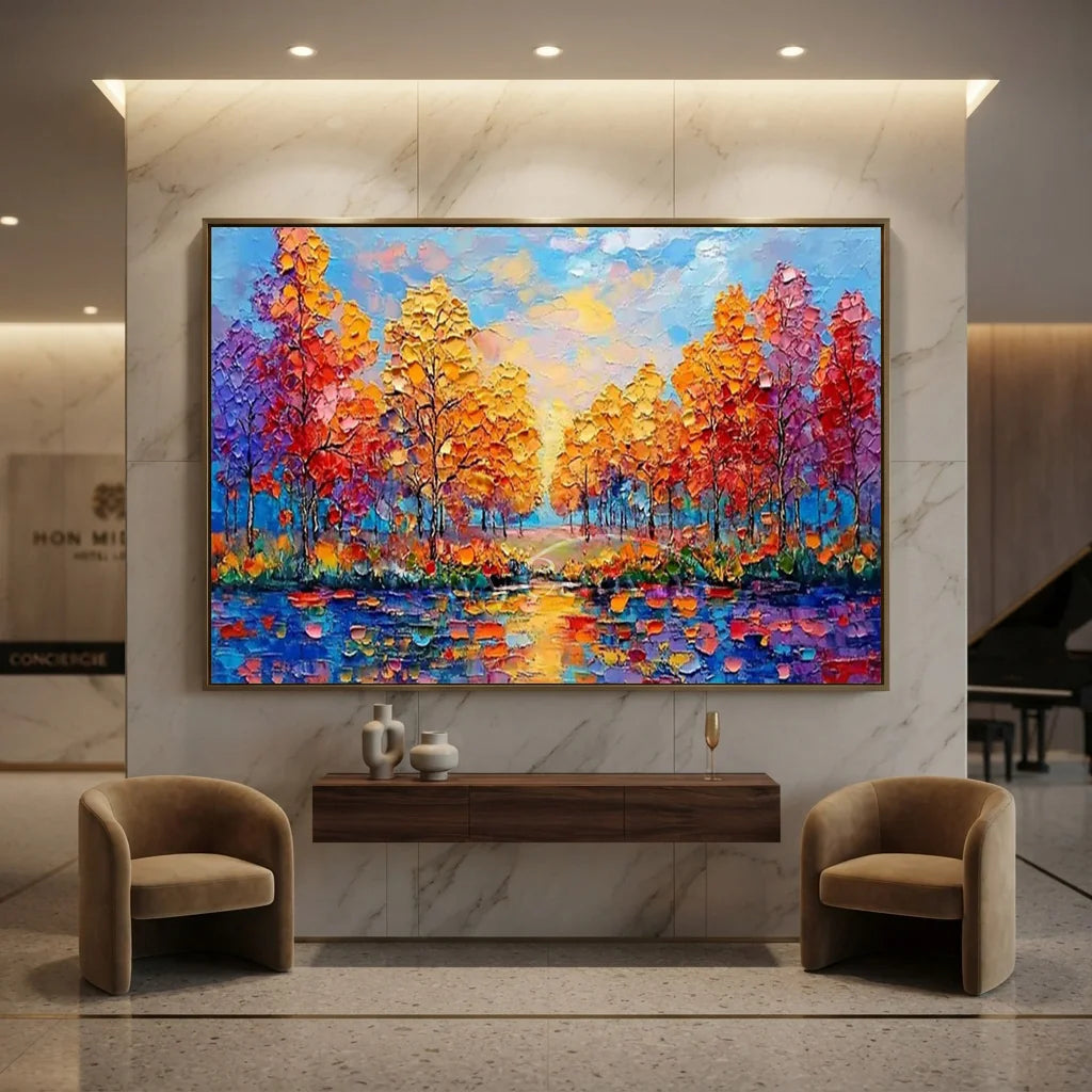 Sunset Lake Hand-Painted Oil Art | Vibrant Large Textured Trees #JJ 32