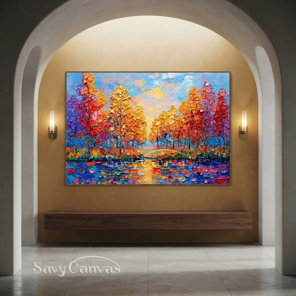 Sunset Lake Hand-Painted Oil Art | Vibrant Large Textured Trees #JJ 325