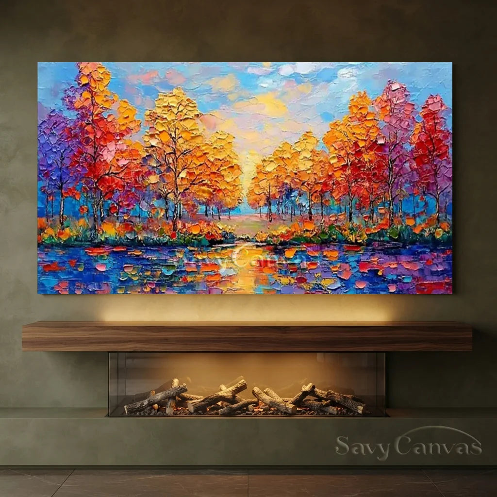 Sunset Lake Hand-Painted Oil Art | Vibrant Large Textured Trees #JJ 325