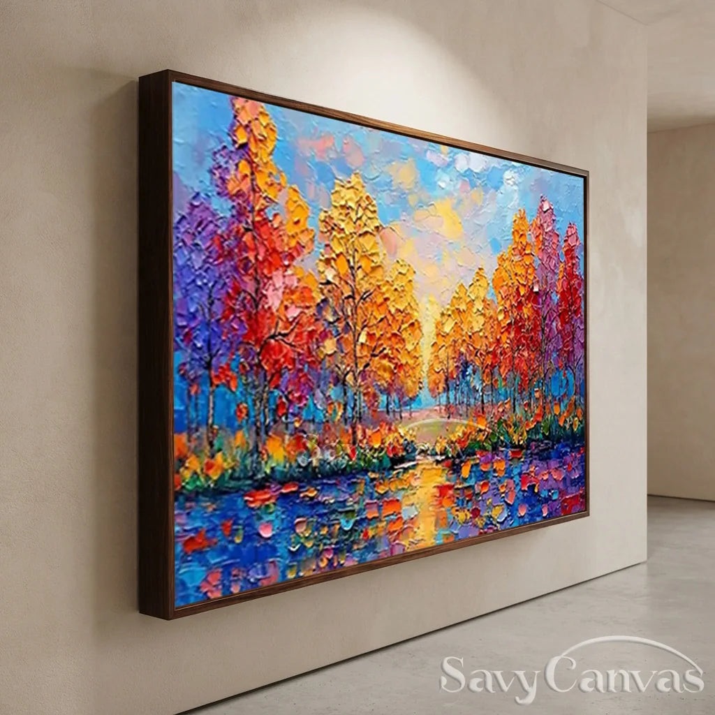 Sunset Lake Hand-Painted Oil Art | Vibrant Large Textured Trees #JJ 32
