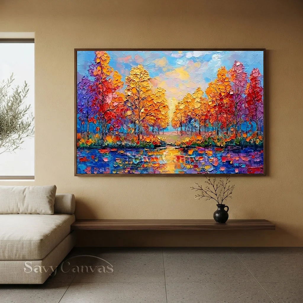 Sunset Lake Hand-Painted Oil Art | Vibrant Large Textured Trees #JJ 32