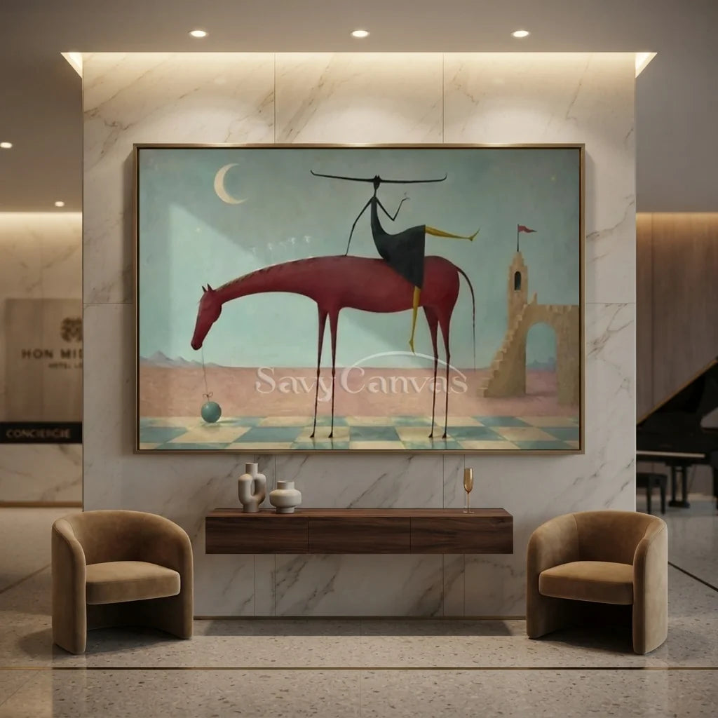 Handcrafted surrealist oil painting featuring a long-necked red horse carrying a whimsical figure across a checkerboard floor beneath a crescent moon, ideal for modern living room or bedroom wall decor.