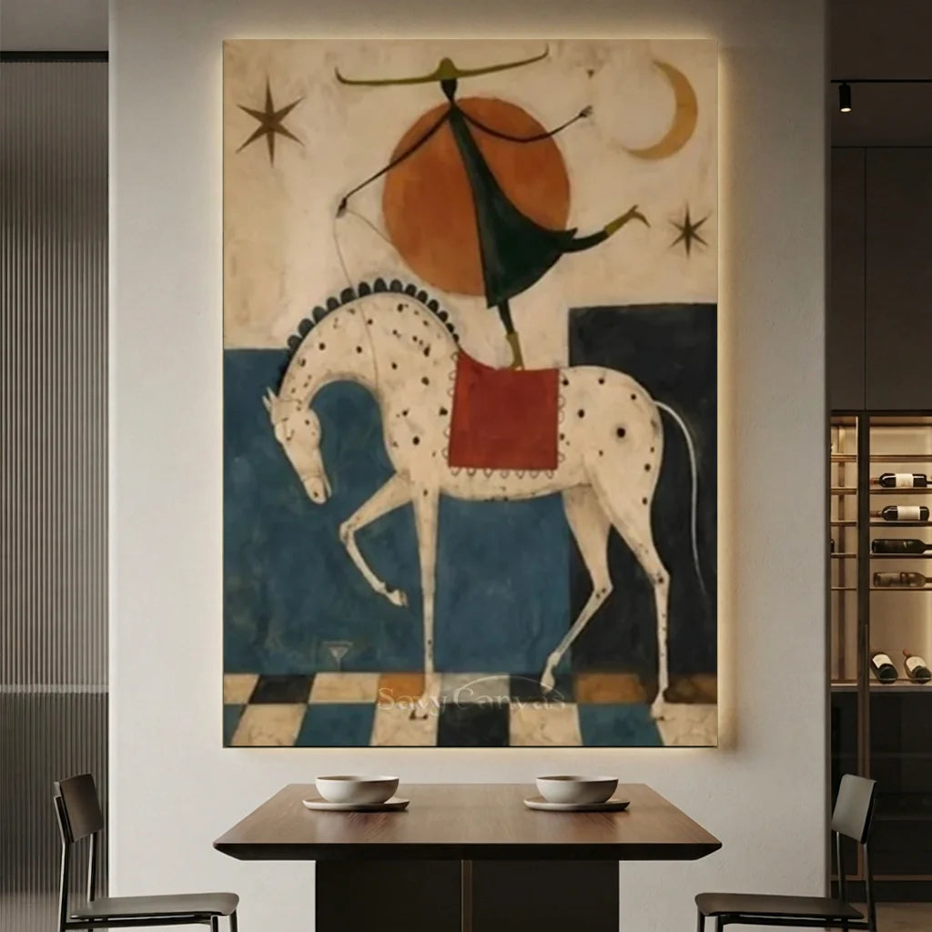 Hand-painted surrealist oil painting on canvas featuring an acrobat balancing on a spotted horse beneath stars and a glowing sun, displayed in an elegant interior setting.