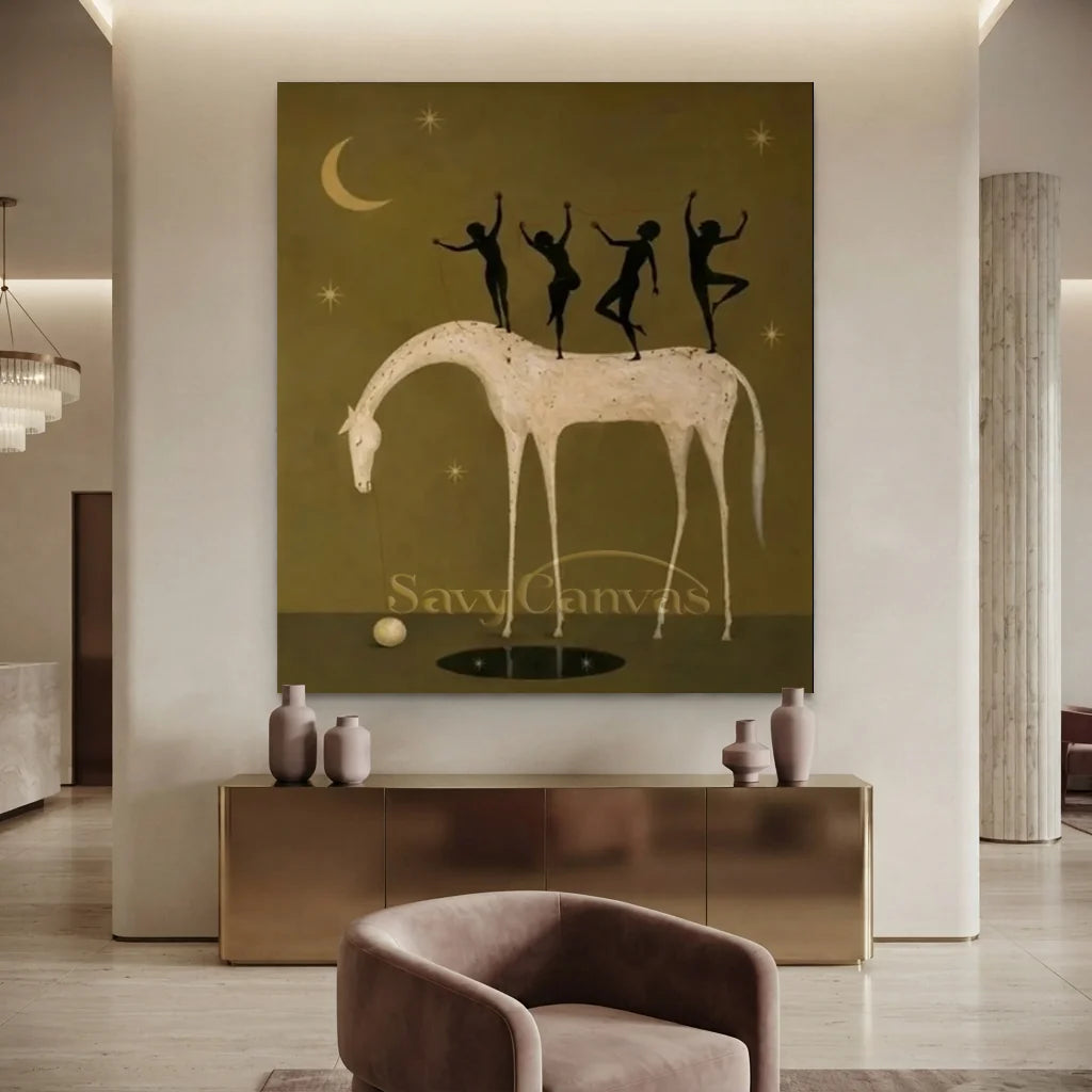 Hand-painted surrealist oil painting on canvas featuring four silhouette dancers balancing on a spotted white horse beneath a crescent moon and stars, set against a sepia background in a black frame.