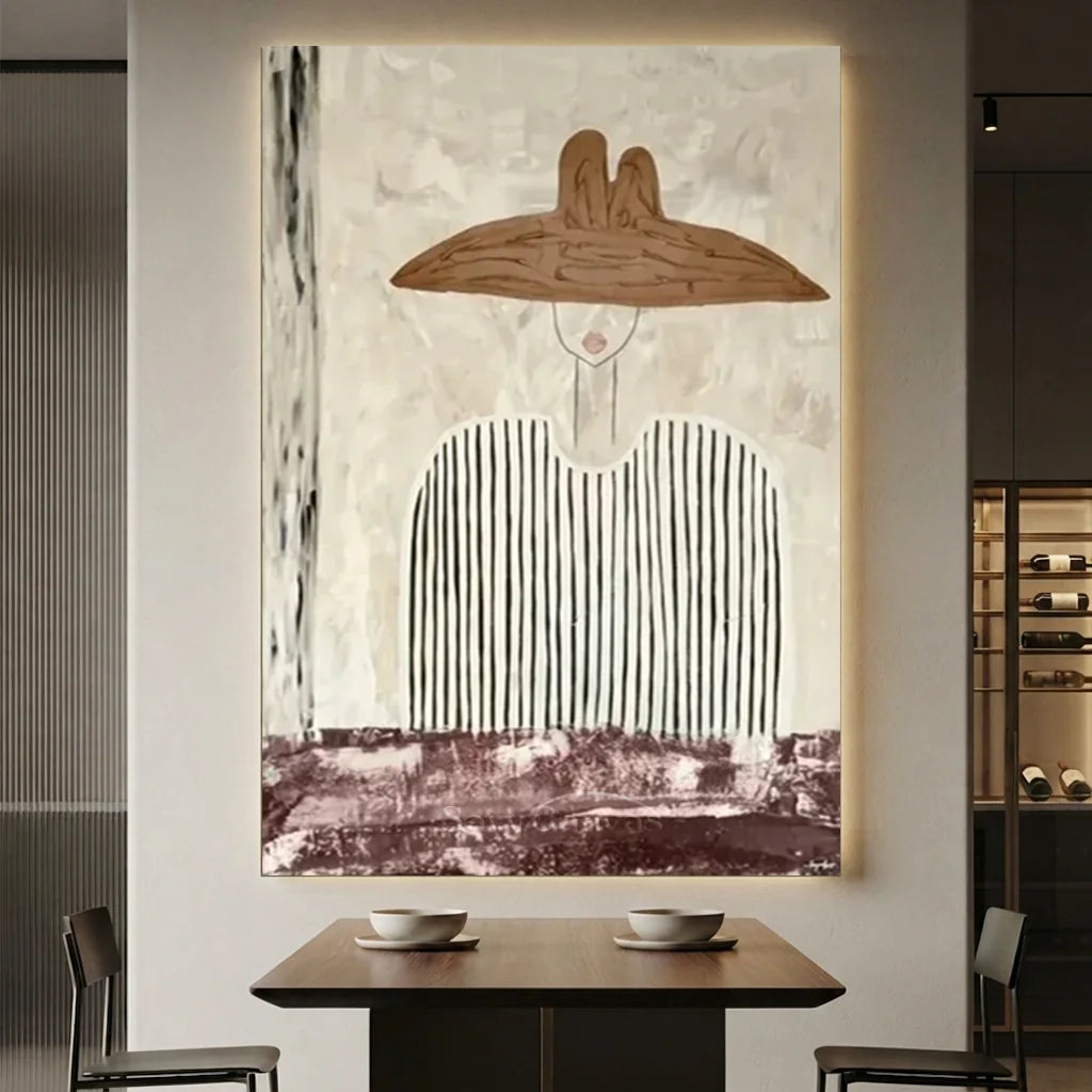 100% handmade minimalist people oil painting with neutral tones and textured stripes, displayed as luxury wall decor in an art corridor by Savy Canvas.