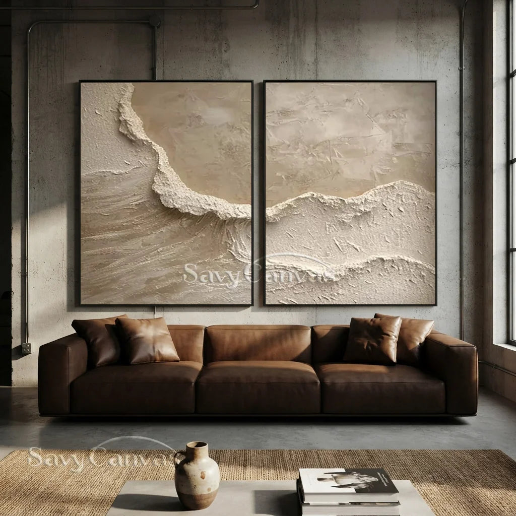 Textured Abstract Wave Oil Painting | Large Beige Wall Art Set of 2 #ZZ 010