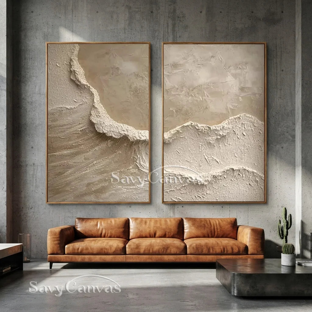 Textured Abstract Wave Oil Painting | Large Beige Wall Art Set of 2 #ZZ 010