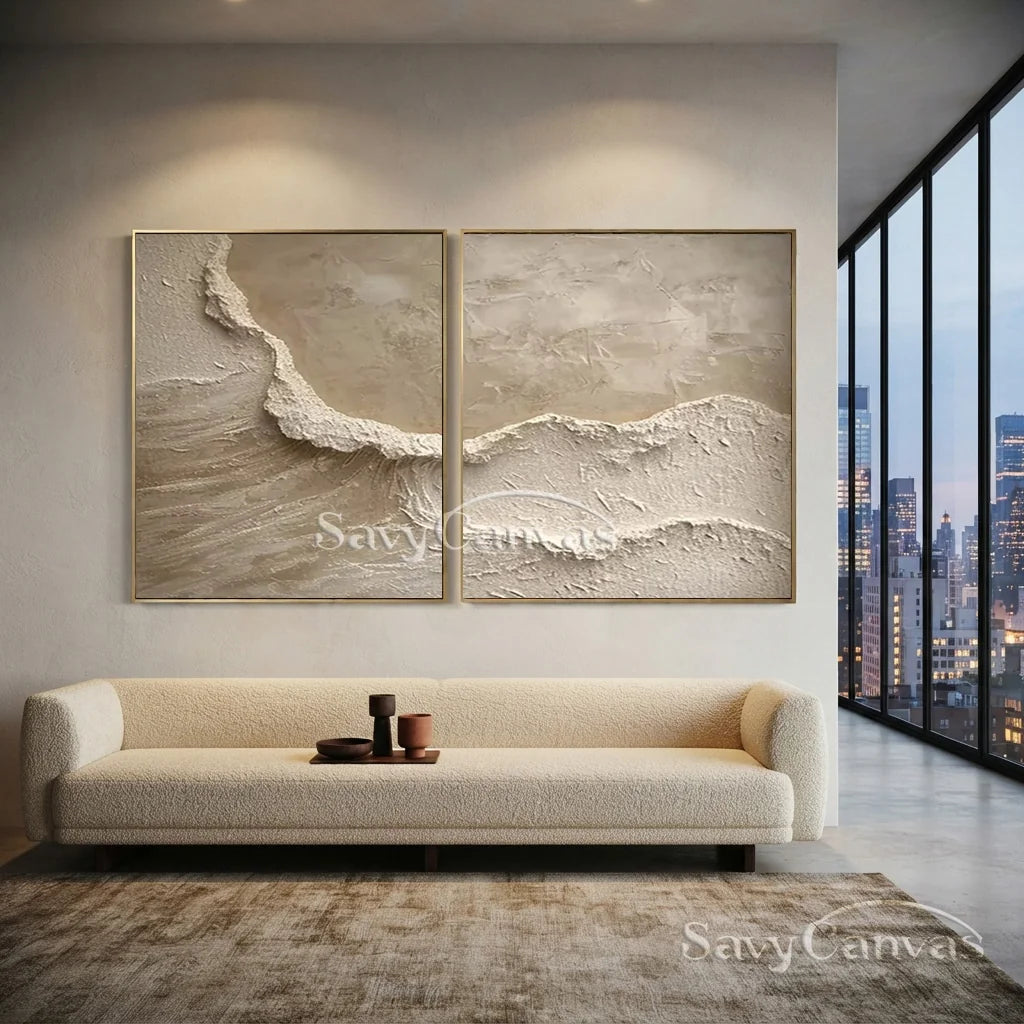 Textured Abstract Wave Oil Painting | Large Beige Wall Art Set of 2 #ZZ 010