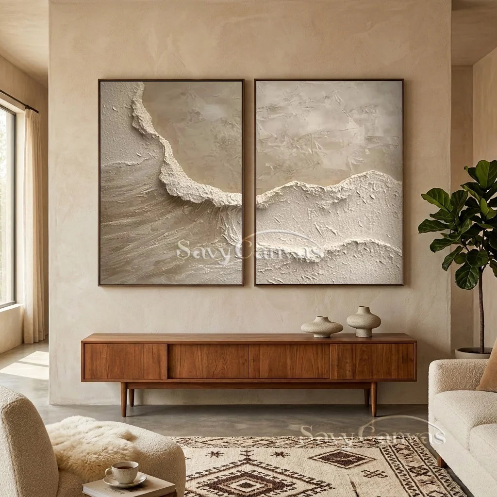 Textured Abstract Wave Oil Painting | Large Beige Wall Art Set of 2 #ZZ 010