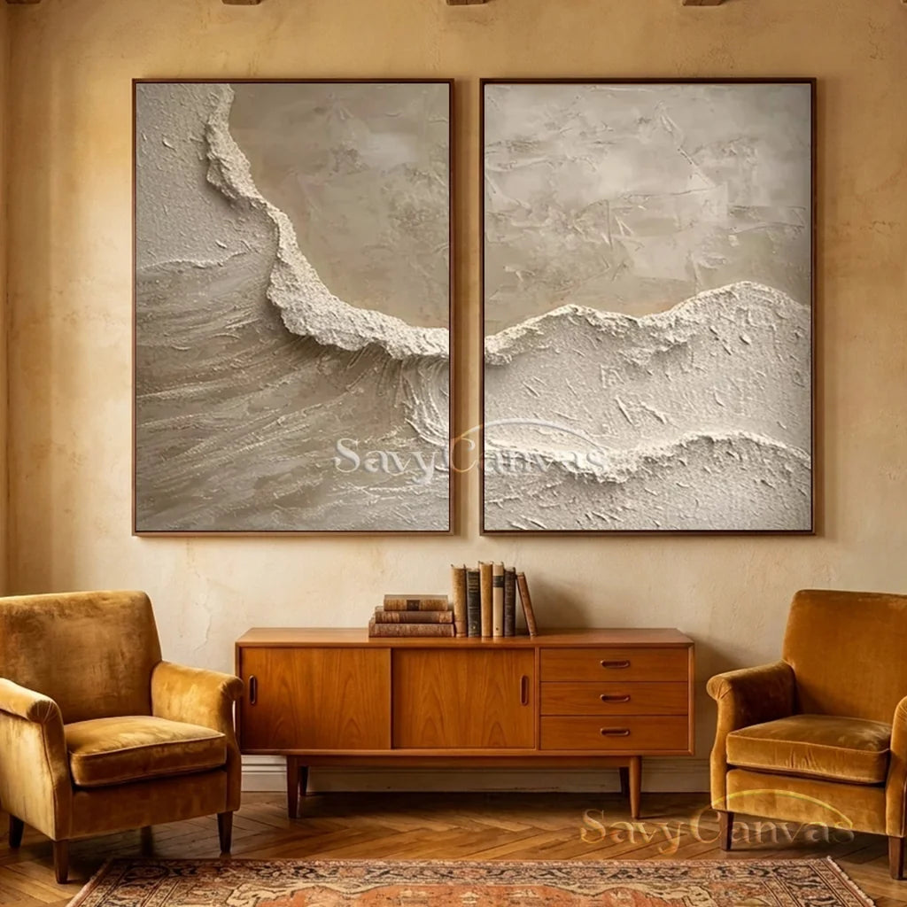 Textured Abstract Wave Oil Painting | Large Beige Wall Art Set of 2 #ZZ 010