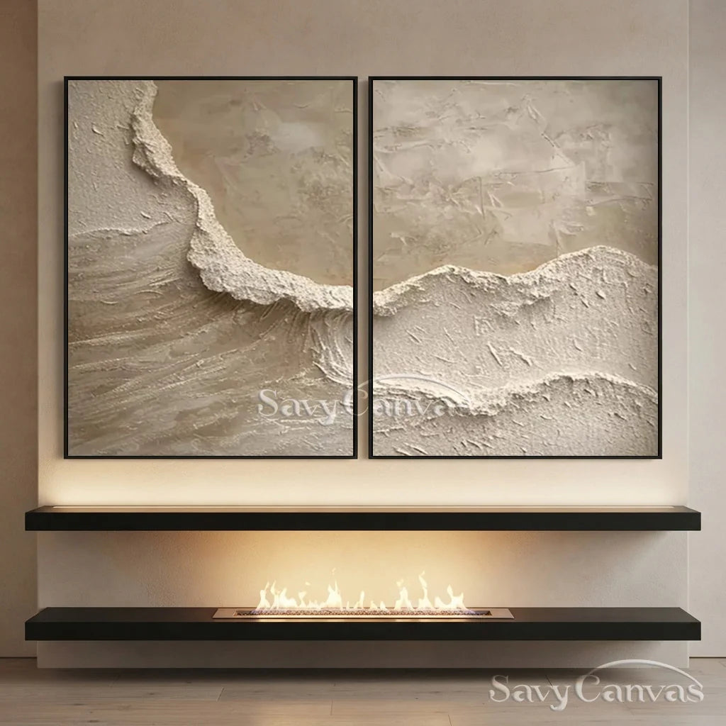 Textured Abstract Wave Oil Painting | Large Beige Wall Art Set of 2 #ZZ 010