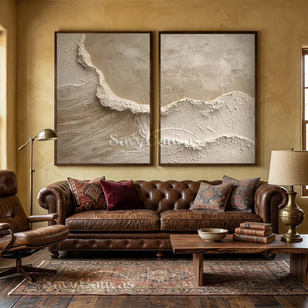 Textured Abstract Wave Oil Painting | Large Beige Wall Art Set of 2 #ZZ 010