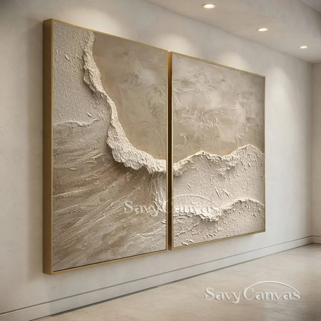 Textured Abstract Wave Oil Painting | Large Beige Wall Art Set of 2 #ZZ 010