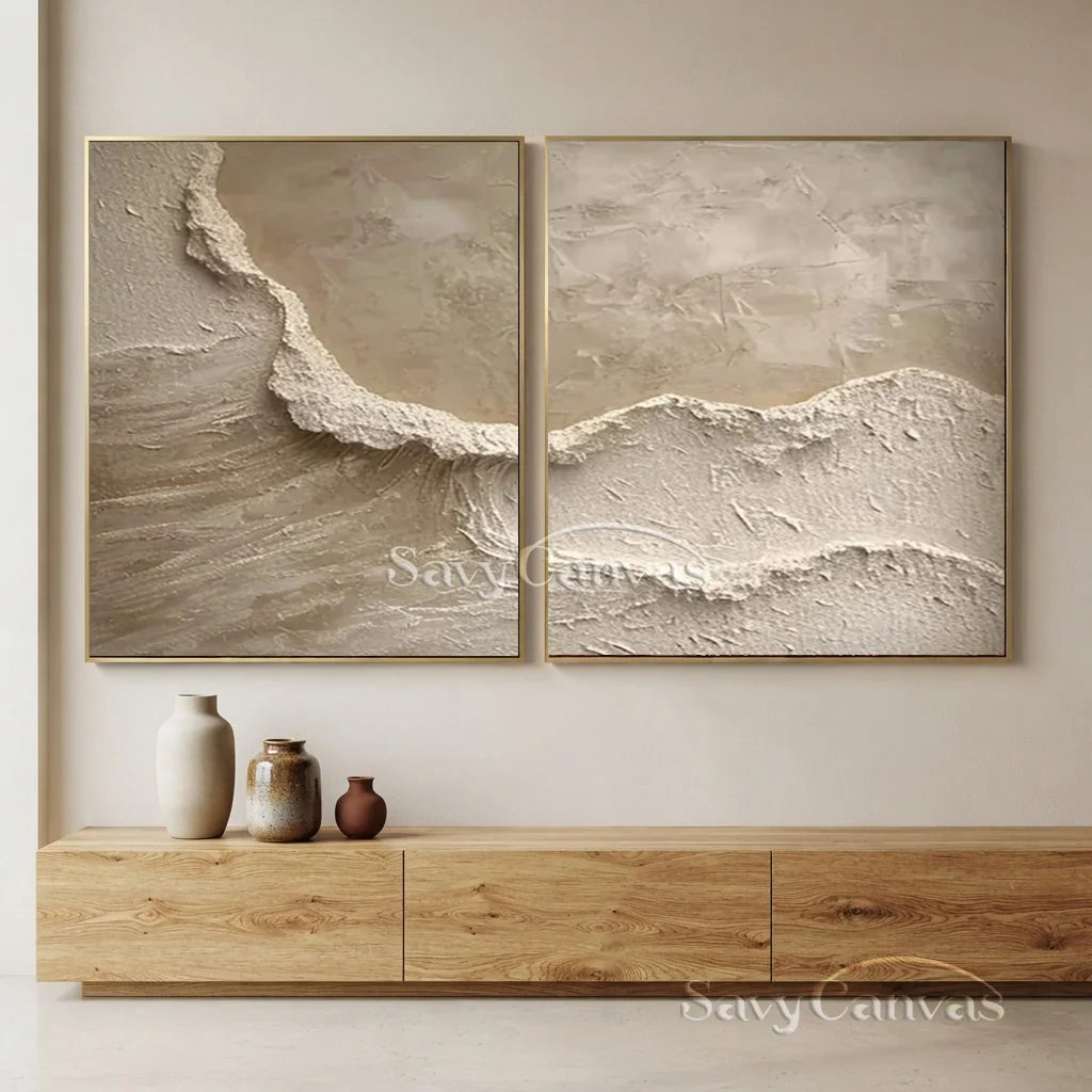 Textured Abstract Wave Oil Painting | Large Beige Wall Art Set of 2 #ZZ 010
