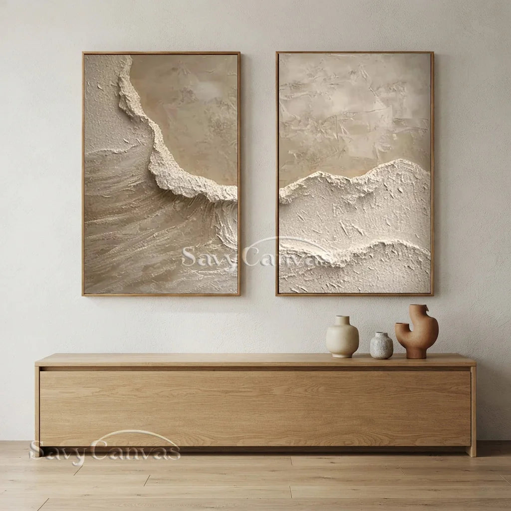 Textured Abstract Wave Oil Painting | Large Beige Wall Art Set of 2 #ZZ 010
