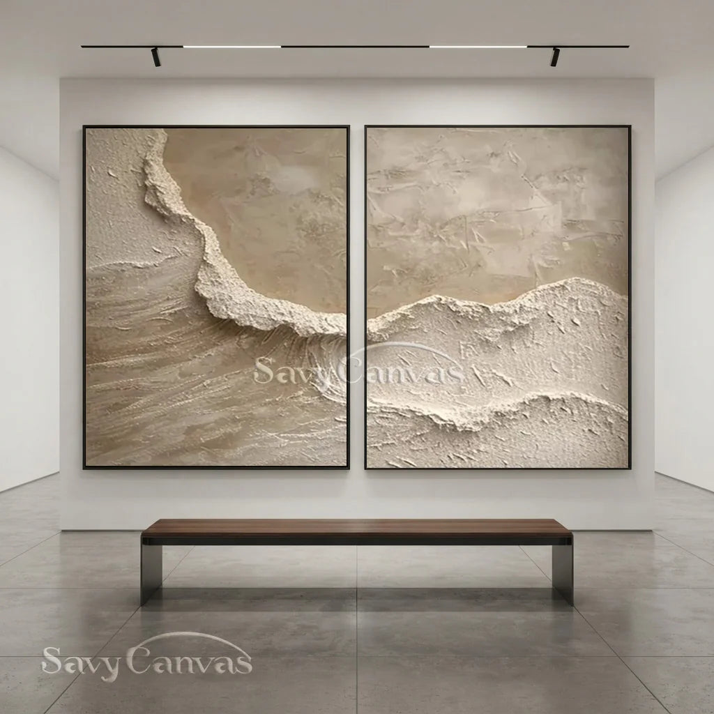 Textured Abstract Wave Oil Painting | Large Beige Wall Art Set of 2 #ZZ 010