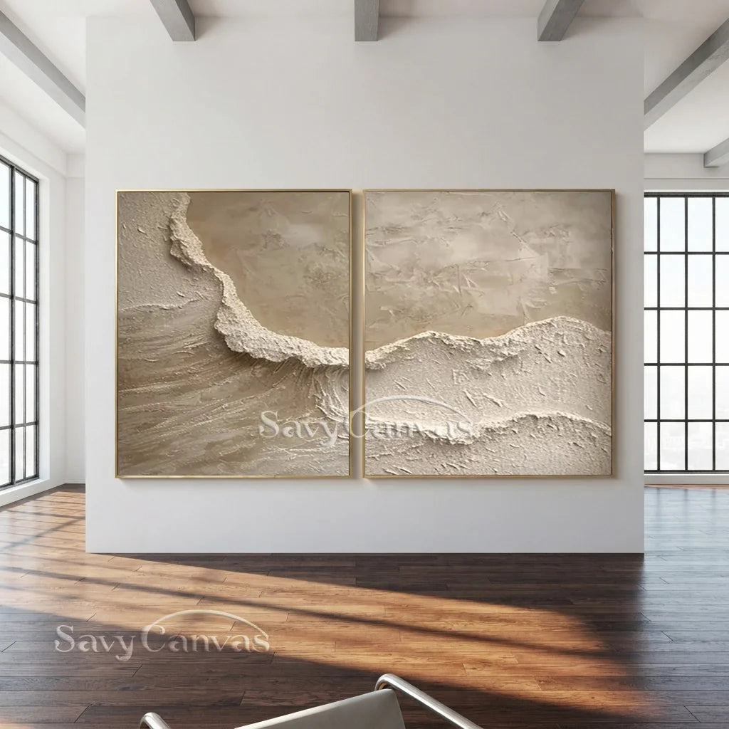 Textured Abstract Wave Oil Painting | Large Beige Wall Art Set of 2 #ZZ 010