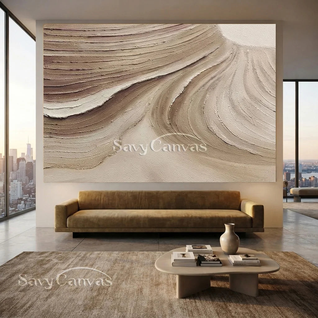 Textured Beige Abstract Oil Painting with Wave-Like Brushstrokes Wall Art  #TC 036
