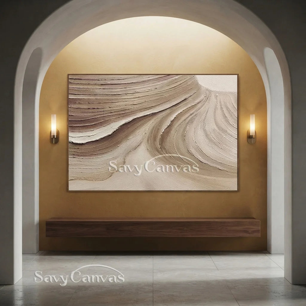 Textured Beige Abstract Oil Painting with Wave-Like Brushstrokes Wall Art  #TC 036