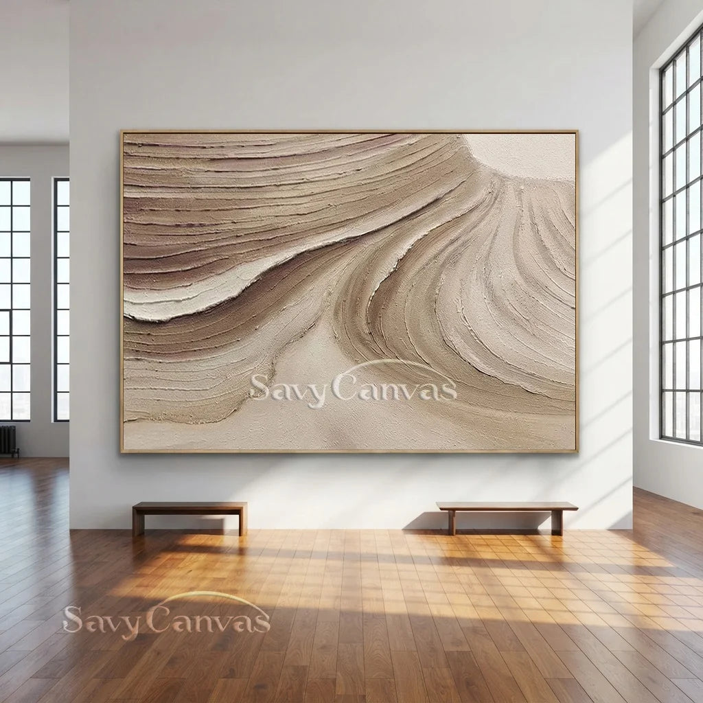 Textured Beige Abstract Oil Painting with Wave-Like Brushstrokes Wall Art  #TC 036