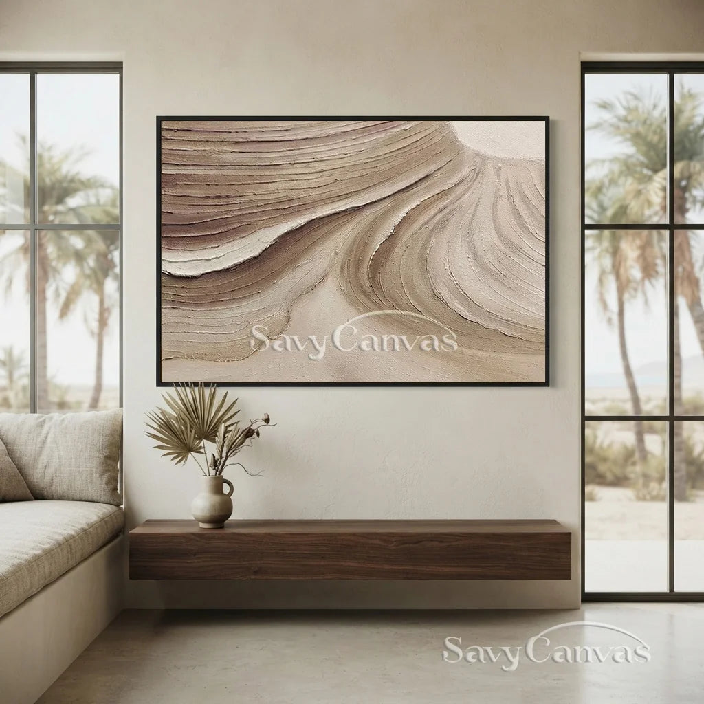 Textured Beige Abstract Oil Painting with Wave-Like Brushstrokes Wall Art  #TC 036