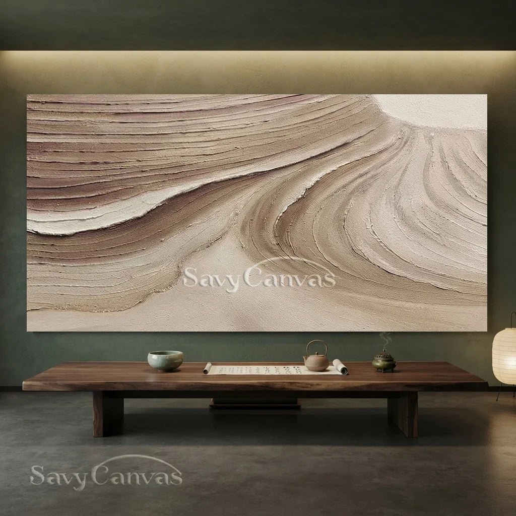 Textured Beige Abstract Oil Painting with Wave-Like Brushstrokes Wall Art  #TC 036