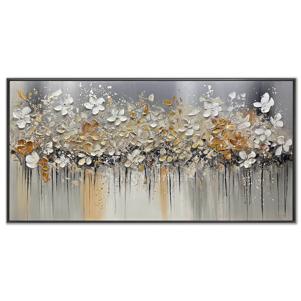 Textured Floral Abstract Oil Art - Gold Beige with Dripping #JJ 021