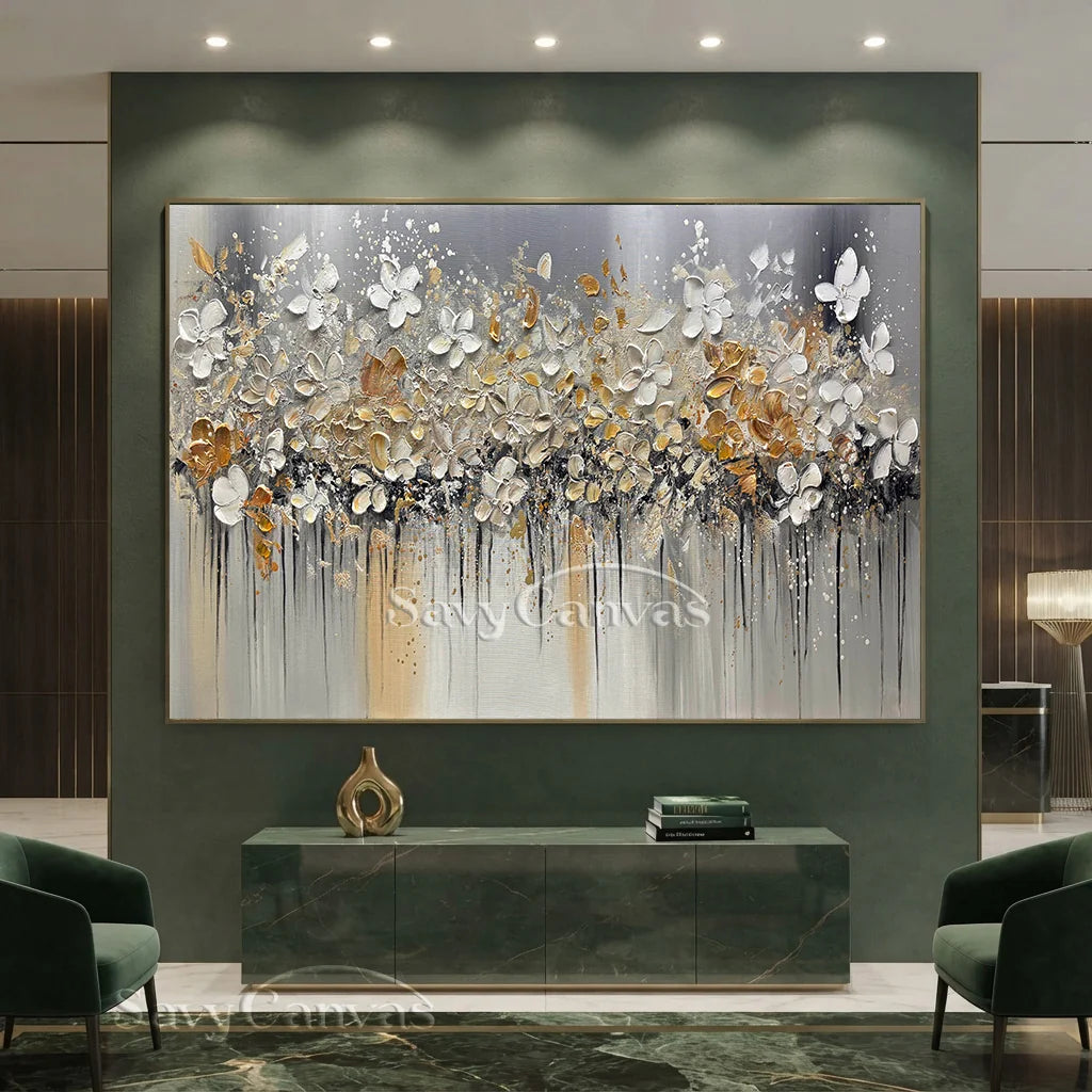 Textured Floral Abstract Oil Art - Gold Beige with Dripping #JJ 021