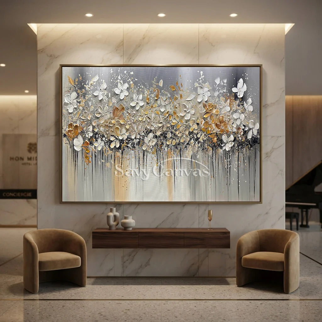 Textured Floral Abstract Oil Art - Gold Beige with Dripping #JJ 021