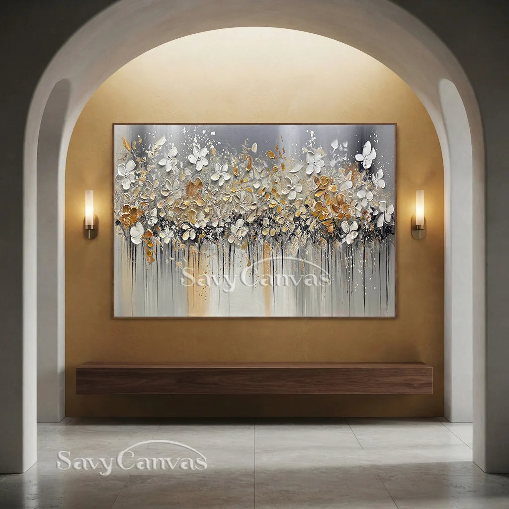 Textured Floral Abstract Oil Art - Gold Beige with Dripping #JJ 021