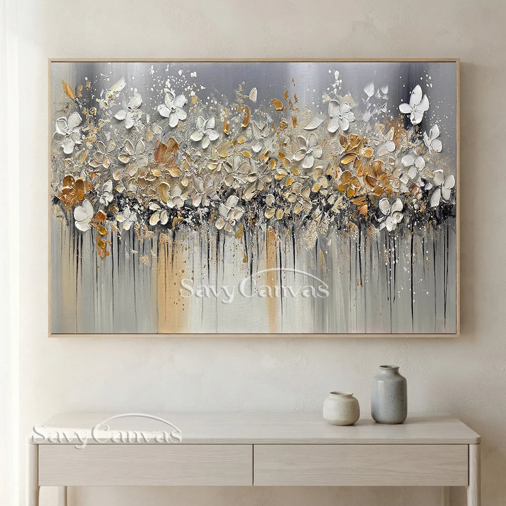 Textured Floral Abstract Oil Art - Gold Beige with Dripping #JJ 021