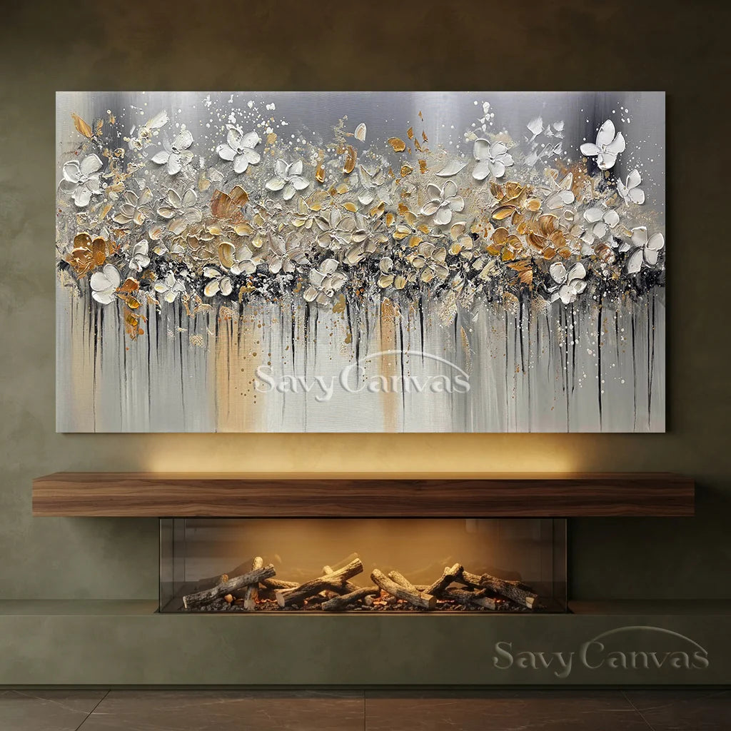 Textured Floral Abstract Oil Art - Gold Beige with Dripping #JJ 021