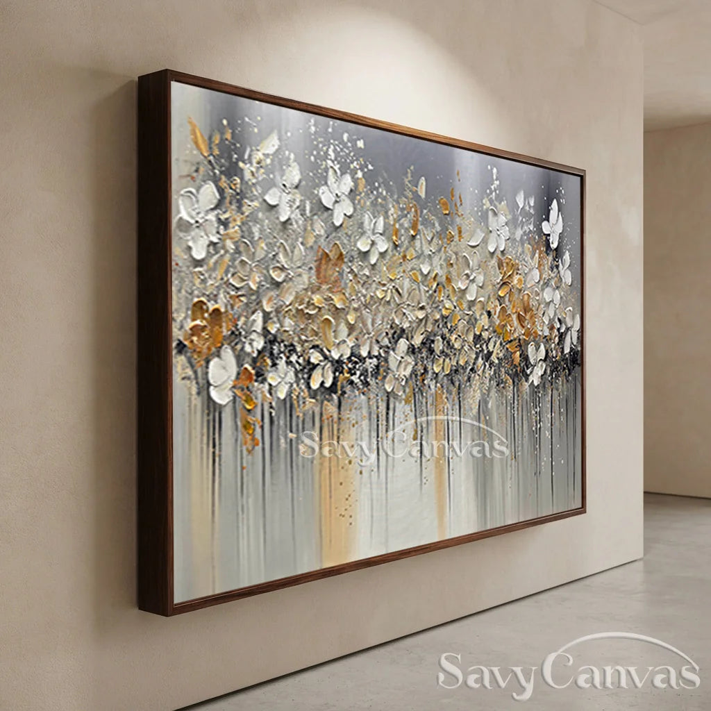 Textured Floral Abstract Oil Art - Gold Beige with Dripping #JJ 021