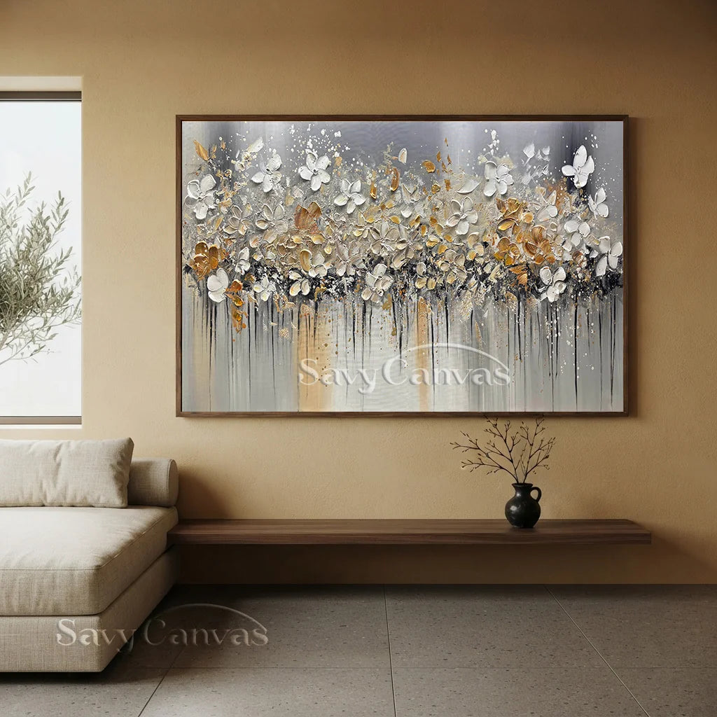 Textured Floral Abstract Oil Art - Gold Beige with Dripping #JJ 021