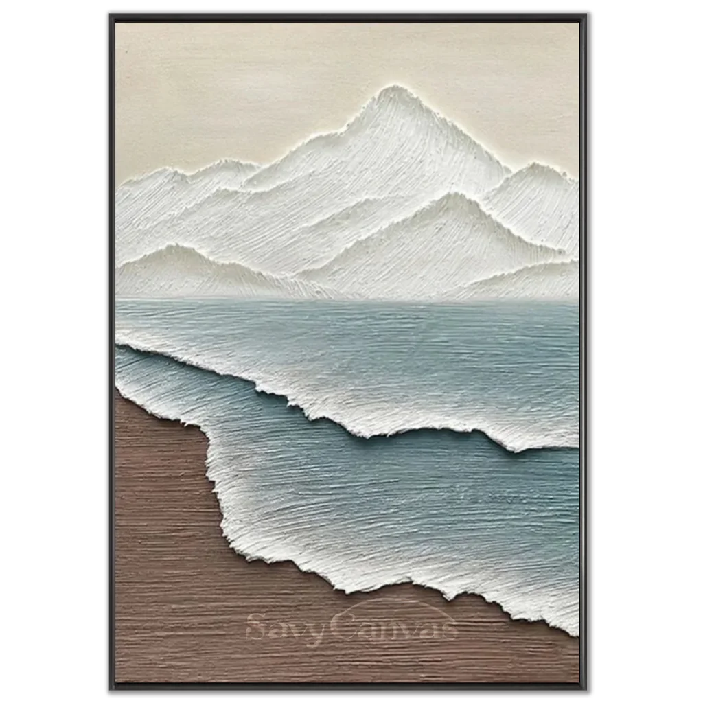 White Blue Textured Mountain Sea Abstract Oil Painting - Modern Art #JJ 115